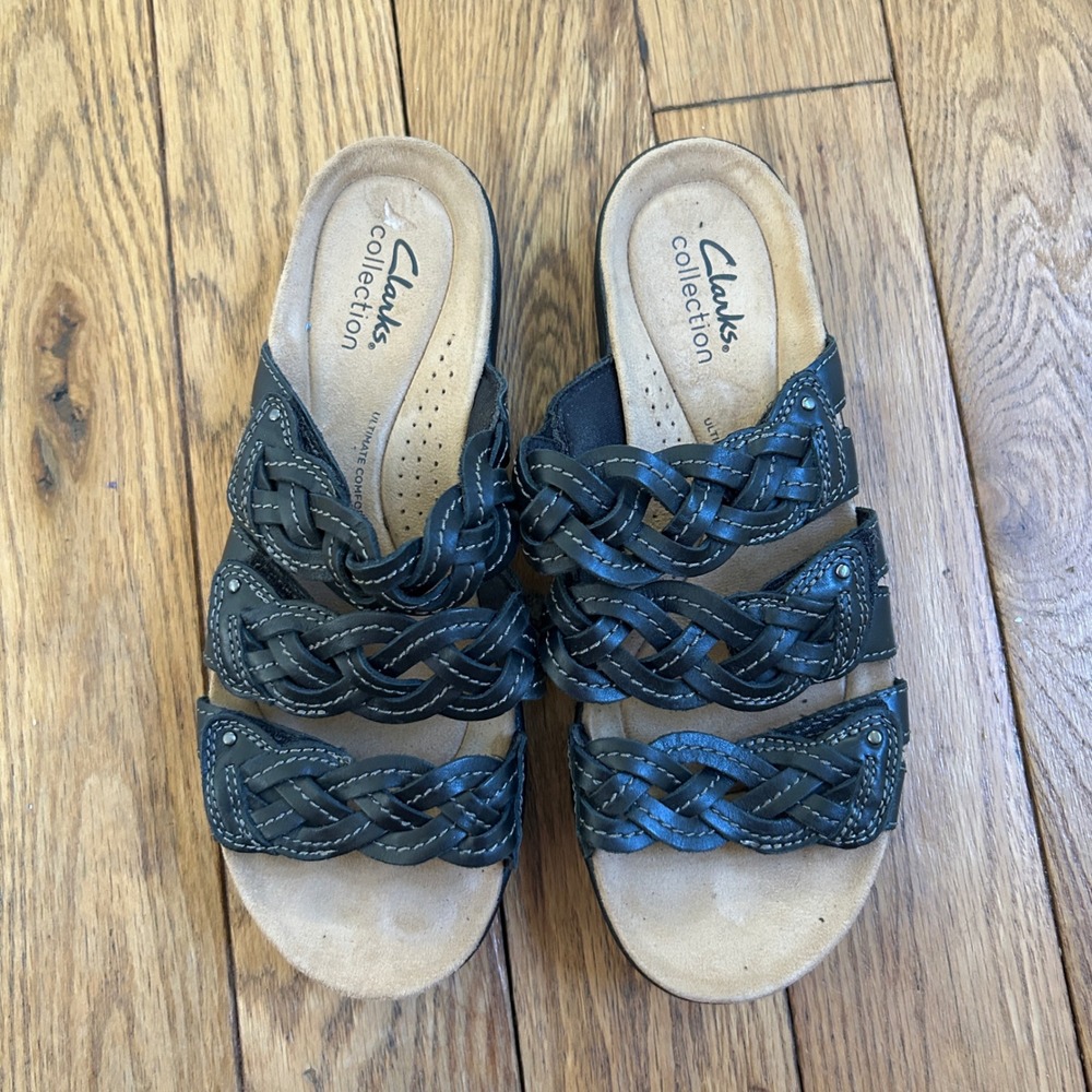 Clarks Collection Leisa Janna Black Leather Braided Slide Sandals Womens 7 M